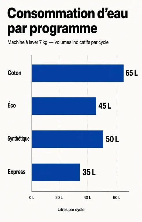Infographie comparant la consommation d'eau par programme pour une machine à laver de 7 kg