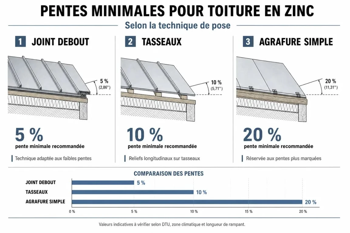 Infographie des pentes minimales pour toiture en zinc selon le DTU 40.41