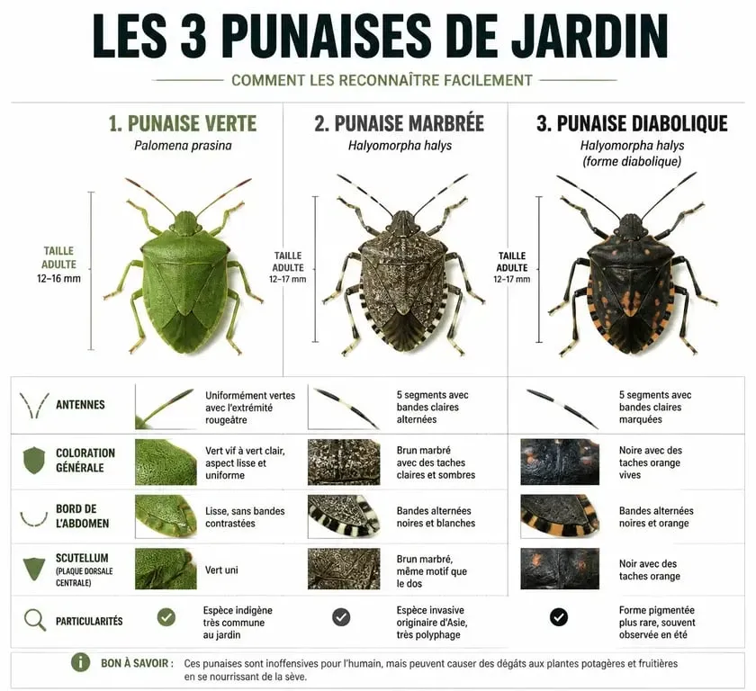Identification des punaises de jardin : punaise verte, punaise marbrée et punaise diabolique