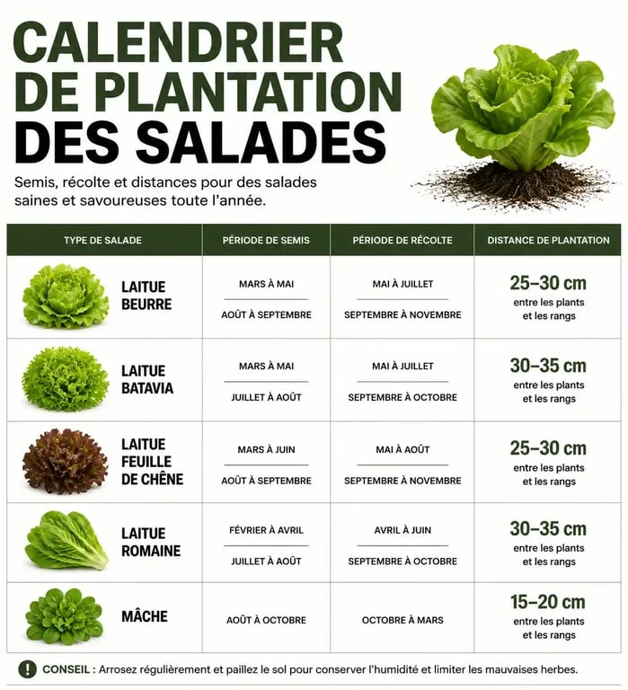 Calendrier de plantation des salades : périodes de semis et récolte pour réussir son potager