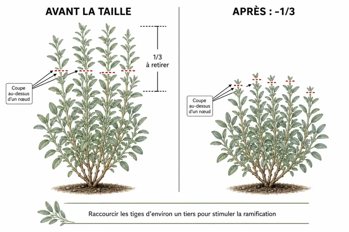 Schéma de taille des sauges arbustives pour optimiser la floraison