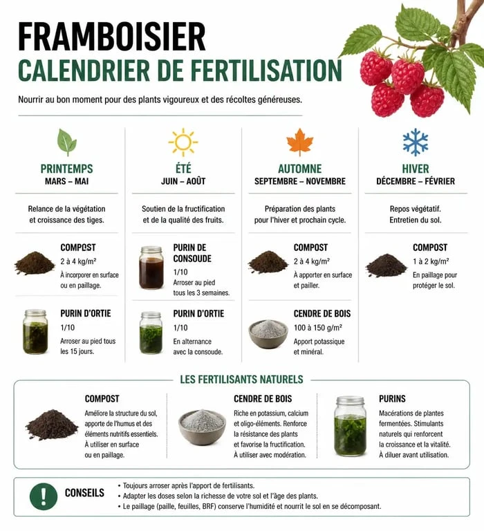 Calendrier de fertilisation du framboisier : guide des apports d'engrais par saison