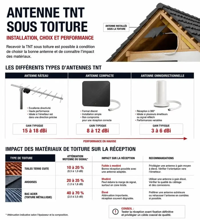 Infographie comparative des meilleures antennes TNT sous toiture et impact des matériaux sur la réception