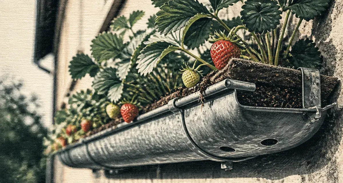 Fraisier dans gouttière en zinc, drainage 6 mm, fruits rouges