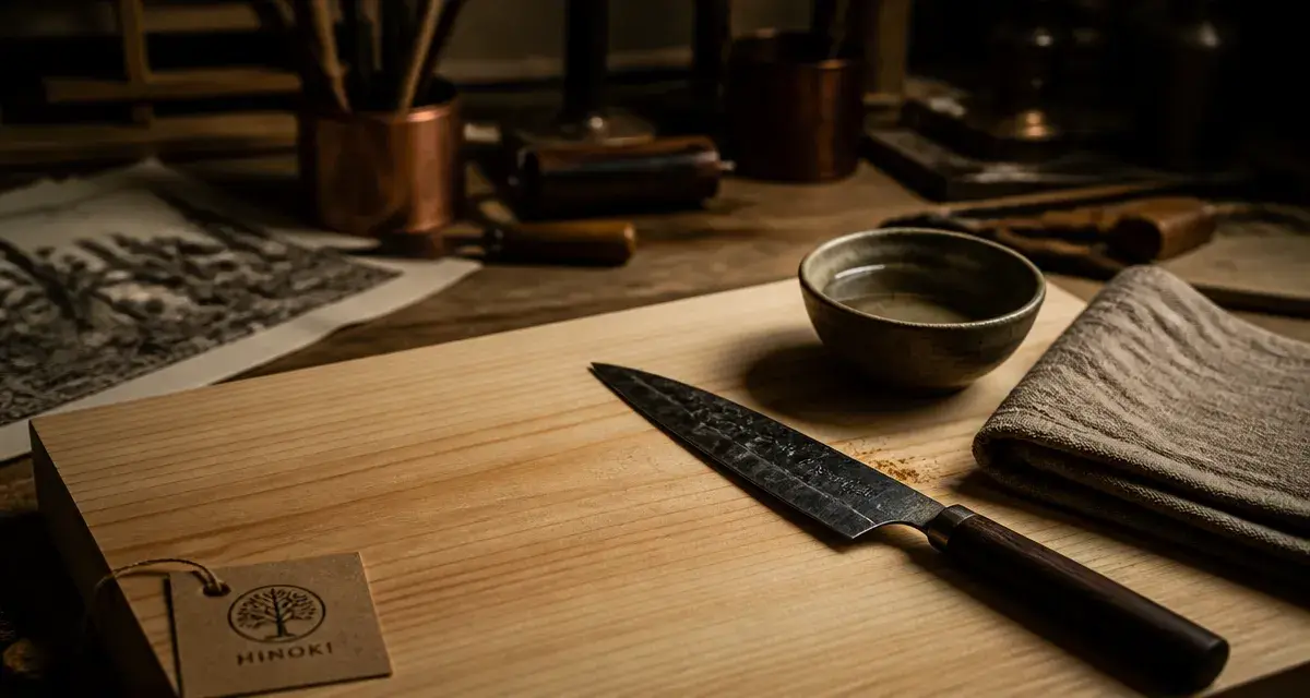 Planche hinoki bois et couteau japonais émoussant la fibre
