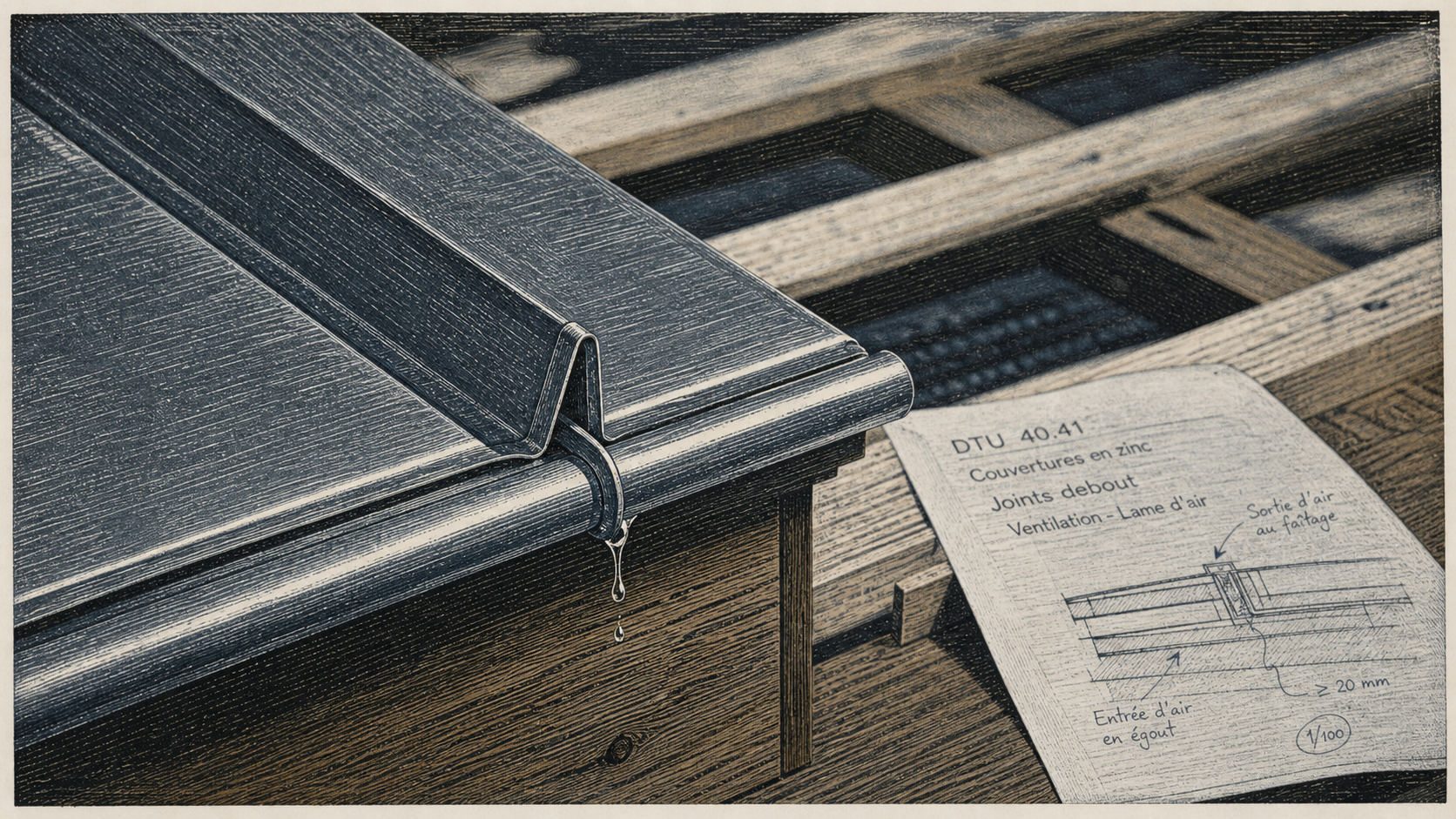 Pente toiture zinc : jonctions de feuilles de zinc et étanchéité faible pente