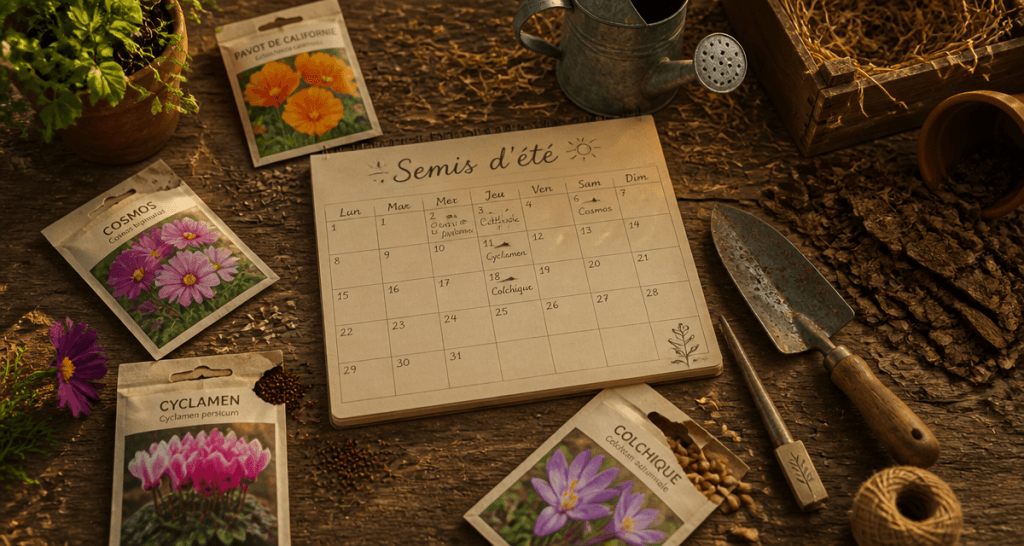 que planter en juillet août fleurs sachets graines outils