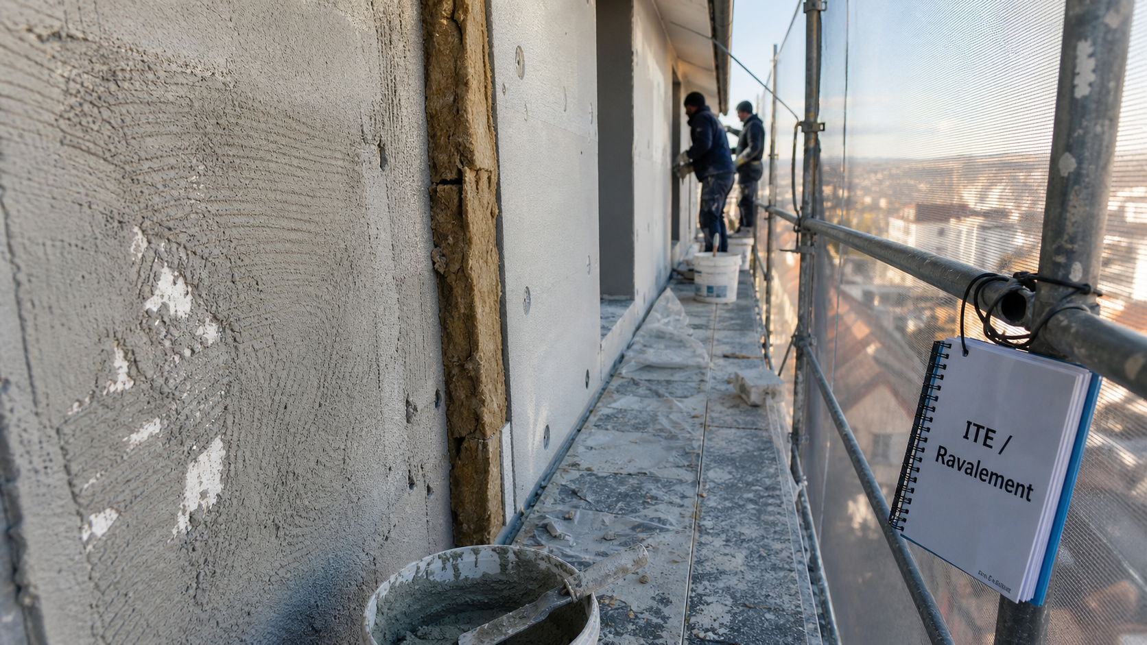 Ravalement ite : façade isolée en chantier