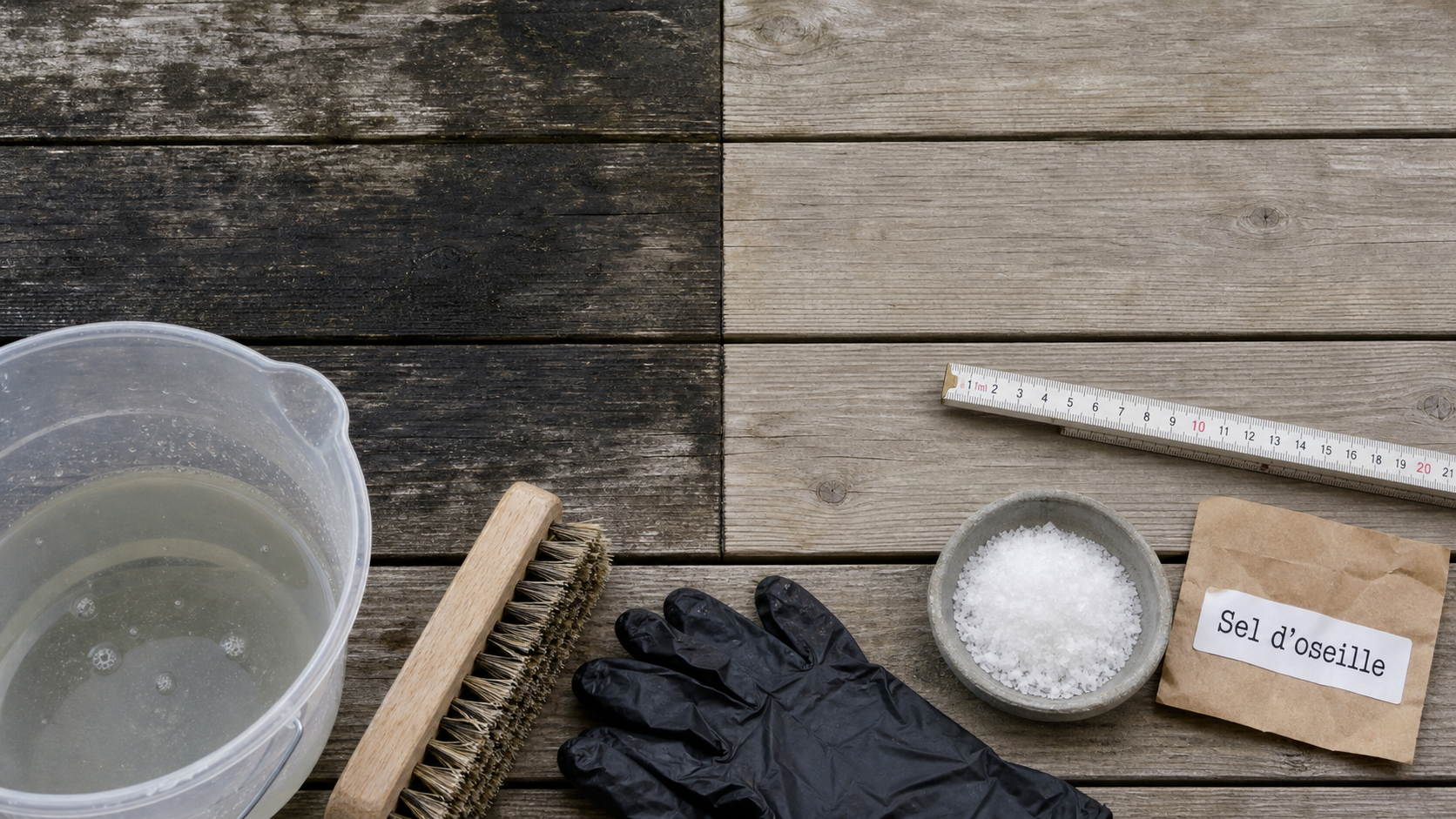 Acide oxalique bois avant après : bois noirci et éclairci