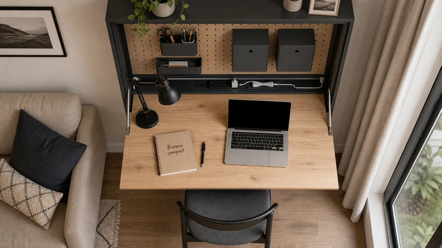 Coin fenêtre pour aménager un bureau dans un petit espace, bureau mural rabattable compact
