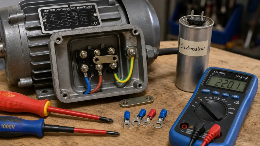 Brancher moteur monophasé : câblage, condensateur et sens de rotation