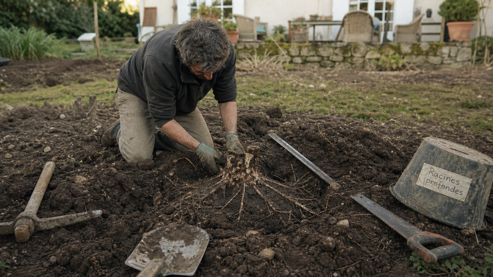 Comment enlever des racines profondes manuellement : souche de jardin avec outils
