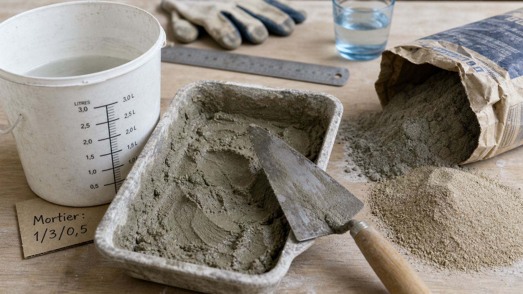 Comment faire du ciment : dosage 1-3-0,5, sable et ciment.