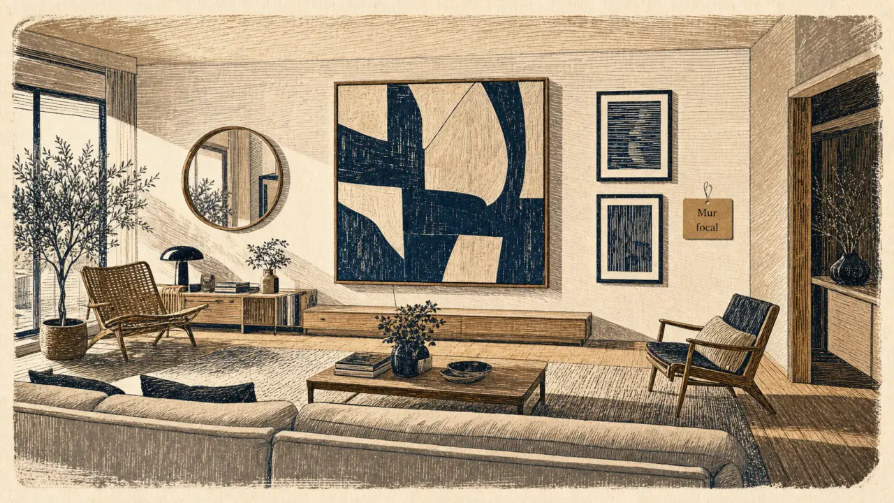 Décorer un grand mur salon : tableau XXL et cadres noirs