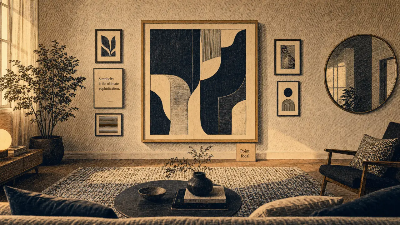 Décorer un grand mur salon : tableau XXL, cadres fins et grand miroir