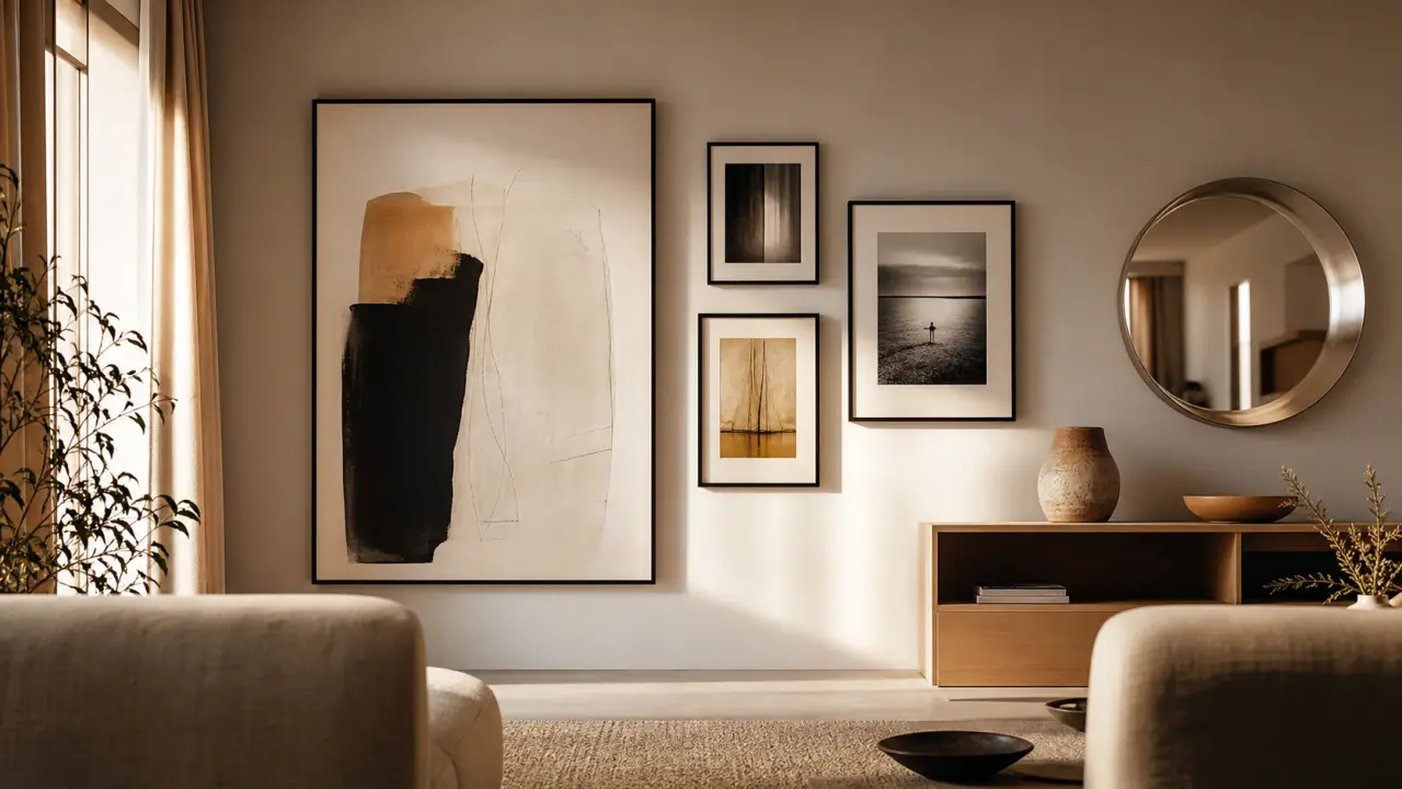 Decorer un grand mur salon avec tableau XXL, cadres et miroir rond