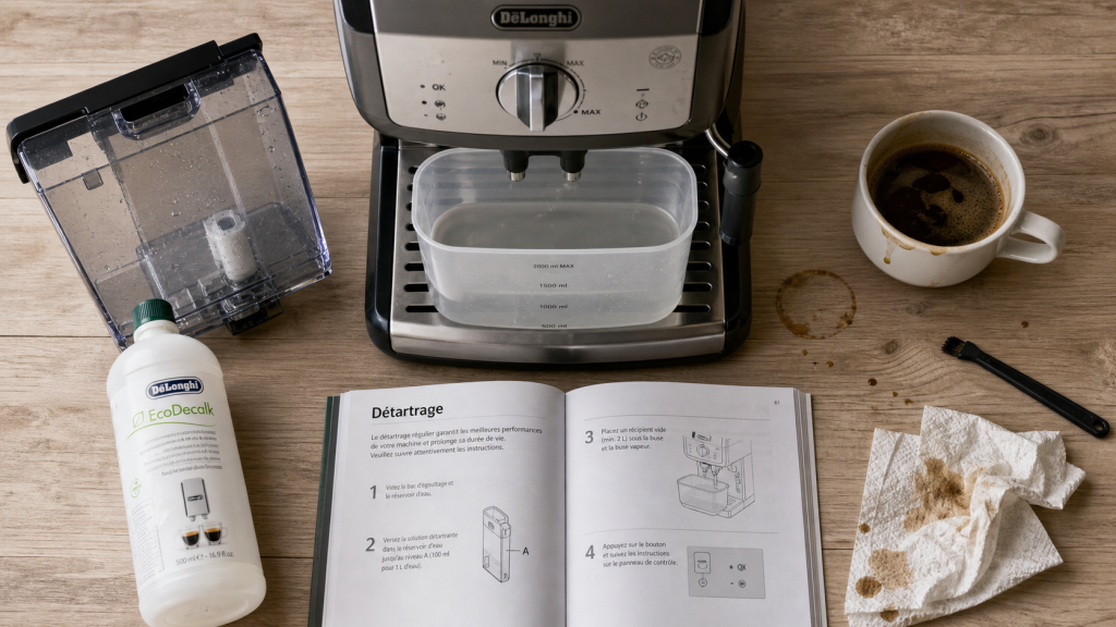 Détartrage machine à café Delonghi avec détarant et récipient sous les buses