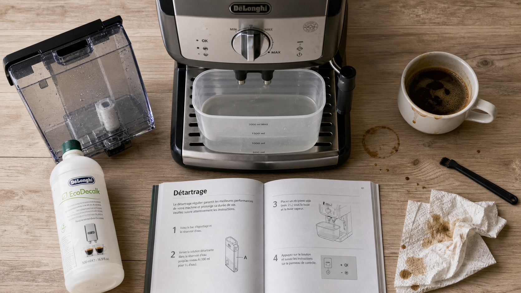 Détartrage machine à café Delonghi avec détarant et récipient sous les buses