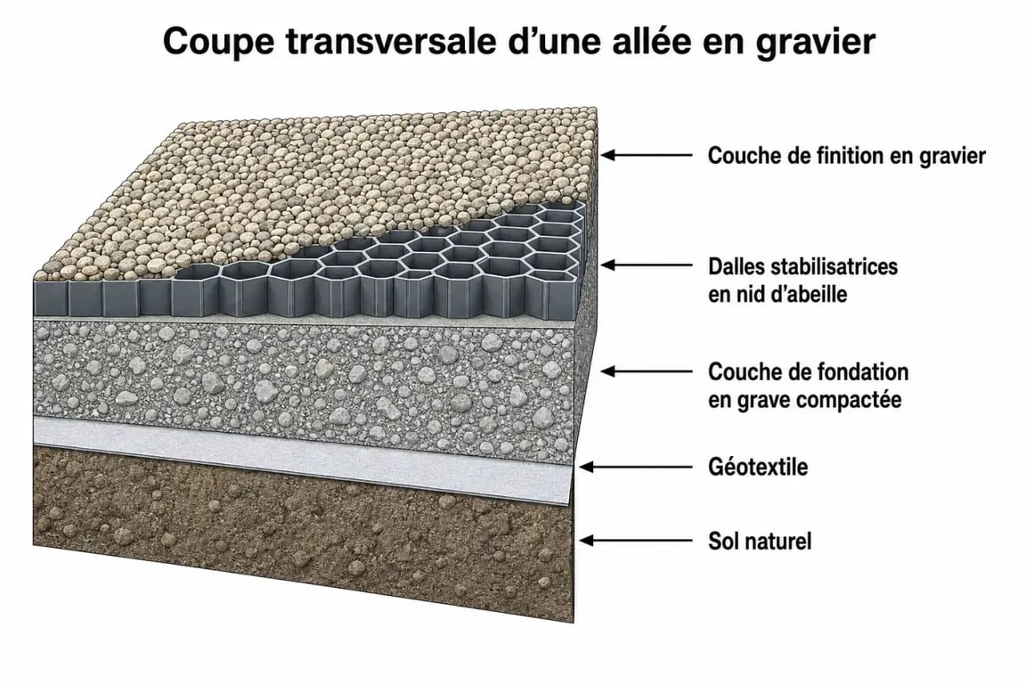 Coupe technique d'une allée en gravier avec géotextile et dalles stabilisatrices