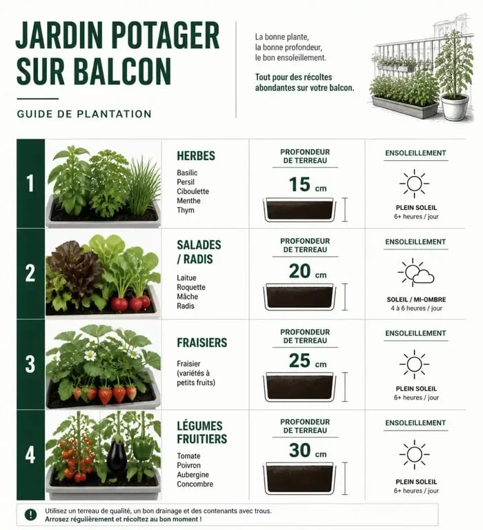 Infographie sur les besoins en profondeur et exposition pour réussir son potager sur balcon
