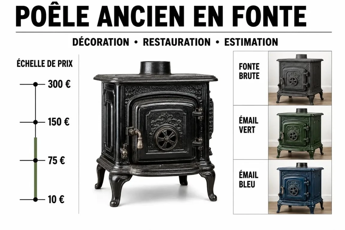 Vieux poêle à bois ancien en fonte émaillée avec fourchette de prix et variantes de style