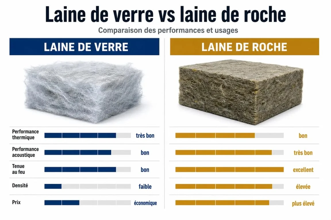 Différence entre laine de verre et laine de roche : infographie comparative des performances et usages