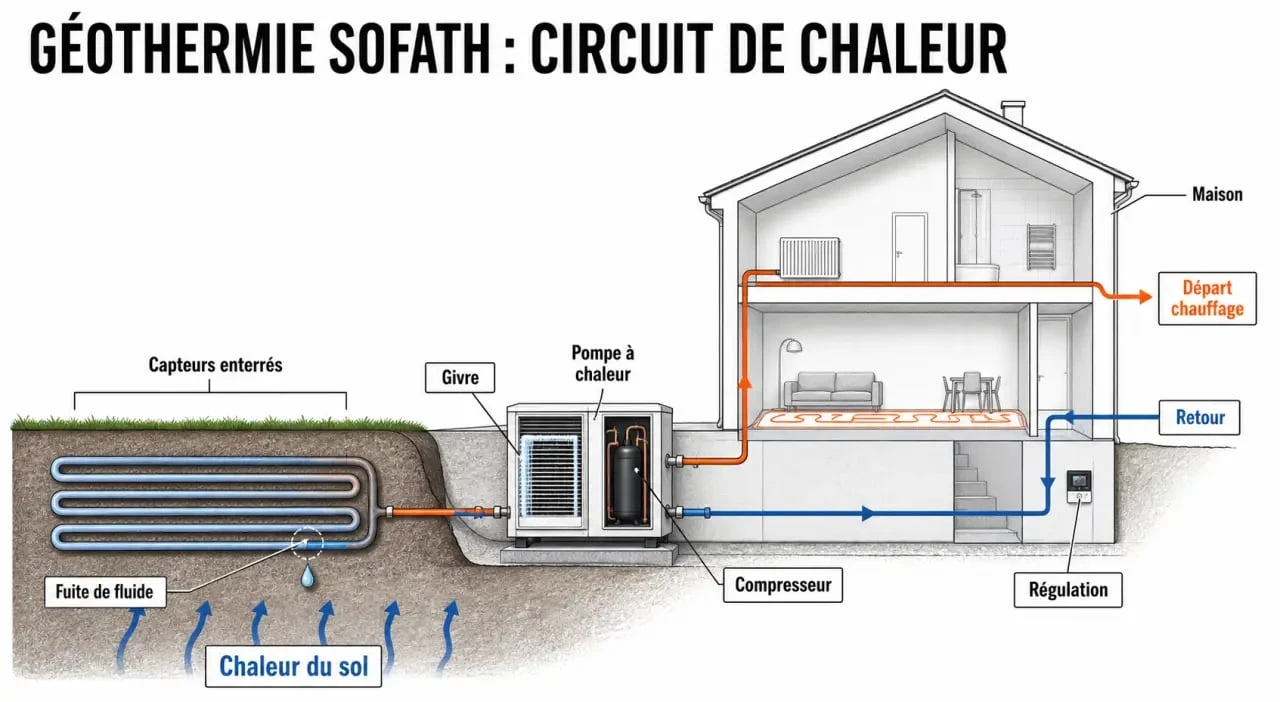 Réparation géothermie Sofath : schéma simplifié d'une pompe à chaleur avec capteurs enterrés et zones de panne