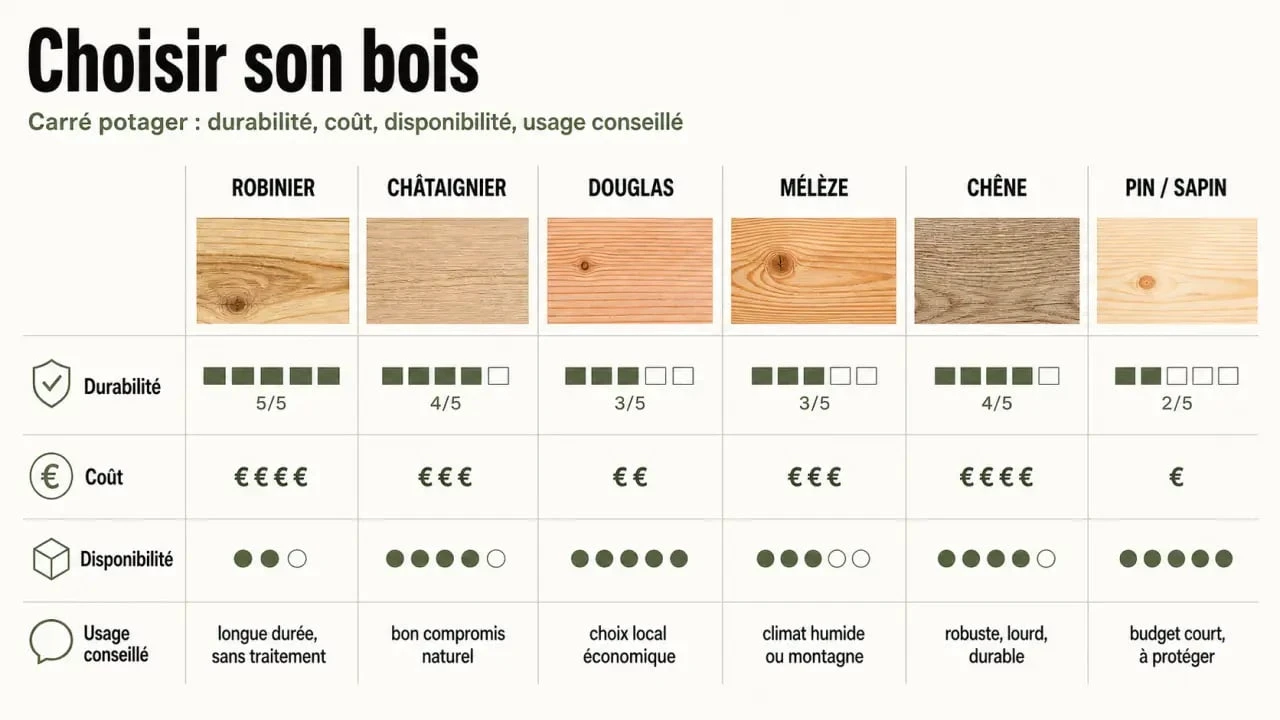 Quel bois pour un carré potager : comparaison du robinier, châtaignier, douglas, mélèze, chêne et pin