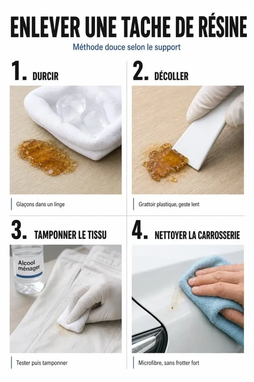 Enlever des taches de résine sur vêtement et surface délicate, étapes illustrées