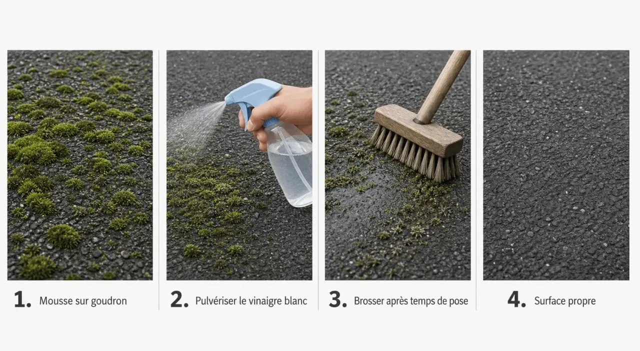 Enlever mousse sur goudron vinaigre blanc : illustration des étapes d’application, brossage et résultat