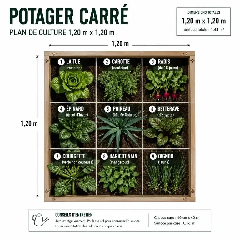 Schéma d'aménagement d'un potager en carré pour débuter son potager