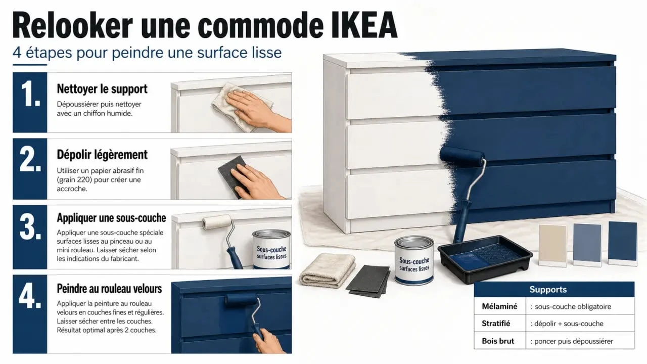 Peinture pour meuble IKEA : tutoriel visuel des étapes de préparation et d’application sur une commode MALM