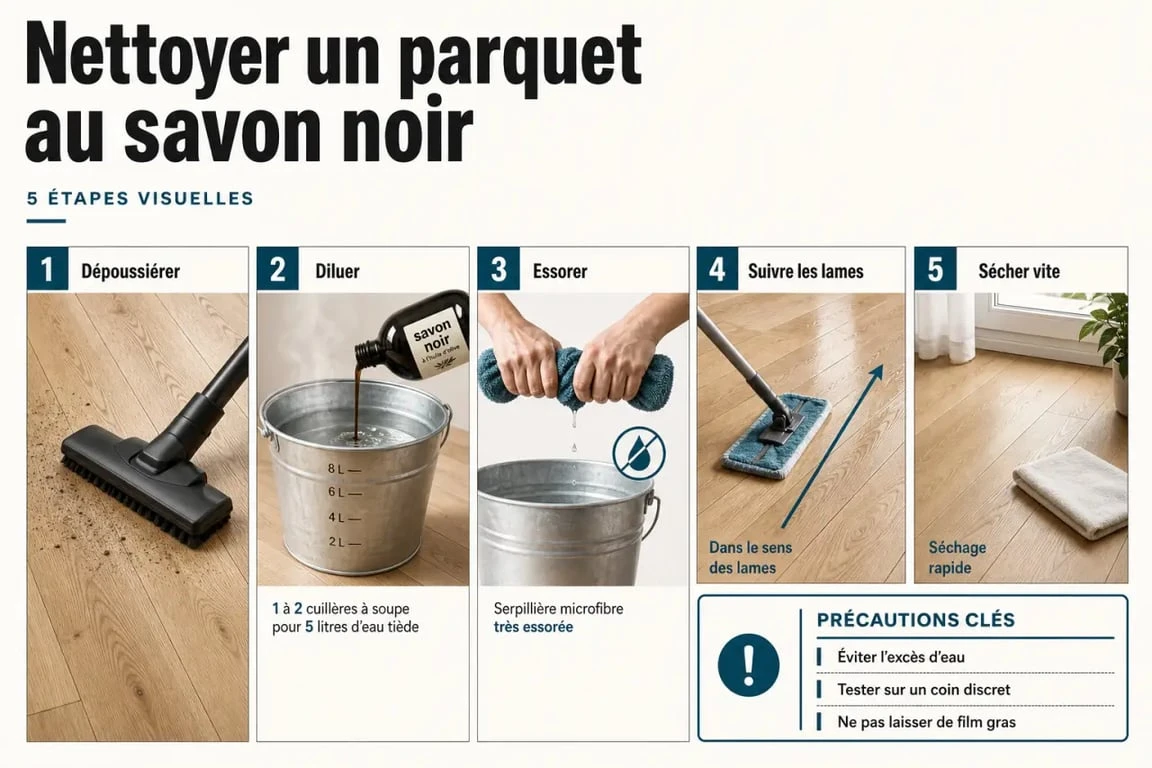 Parquet savon noir : étapes de nettoyage et précautions pour un sol en bois