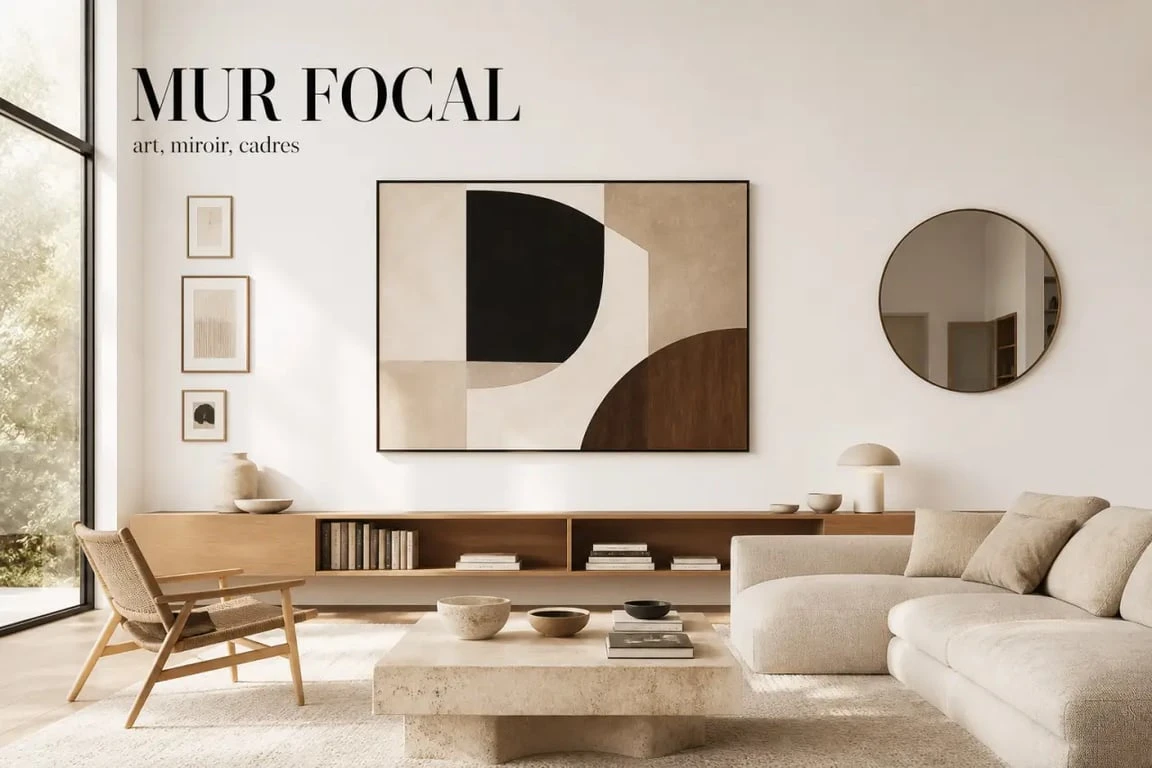 Idées pour decorer un grand mur salon avec un tableau XXL, un miroir et des cadres dans un intérieur lumineux