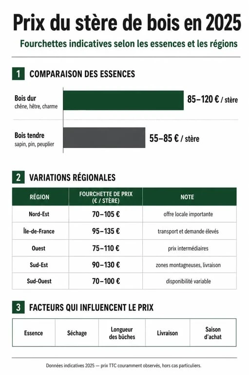 Infographie des prix du stère de bois 2025 par essence et région