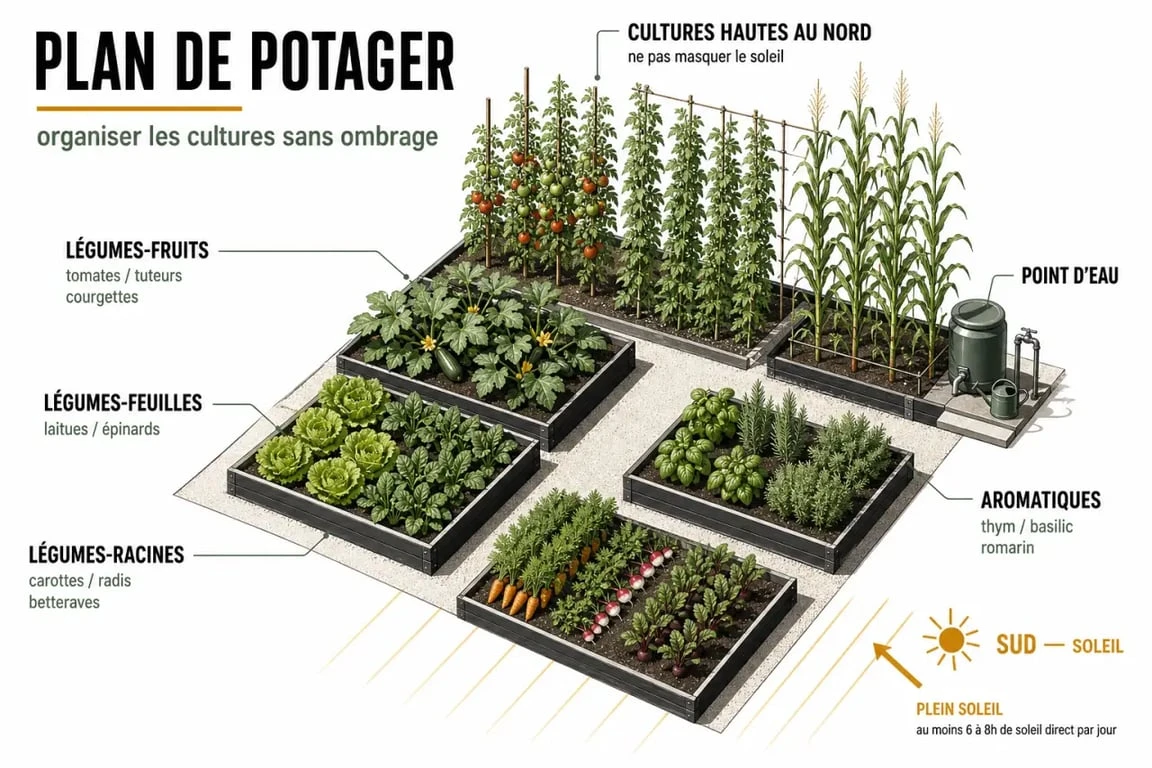 Comment organiser son potager : illustration d'un plan de potager avec zones de cultures et allées