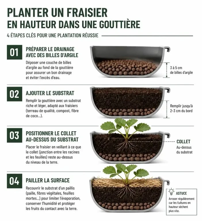 Étapes de plantation d'un fraisier en hauteur dans une gouttière