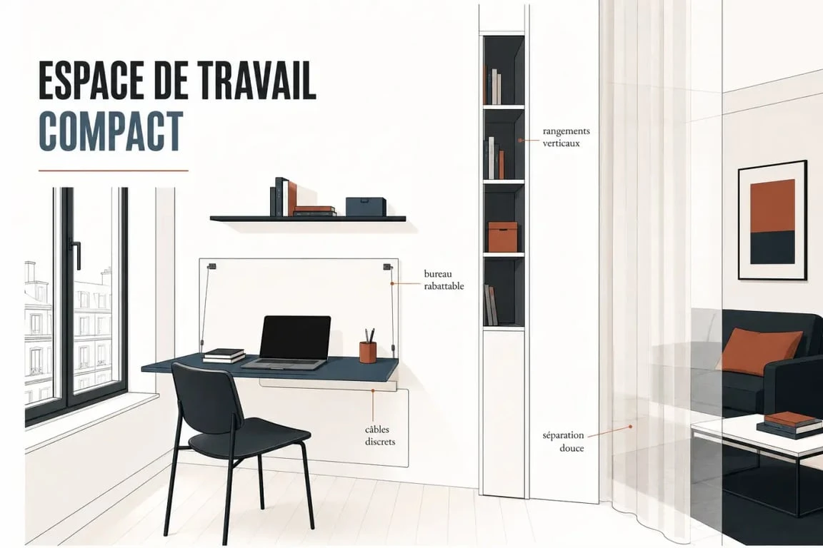 Aménager un bureau dans un petit espace avec bureau compact, rangements verticaux et séparation visuelle