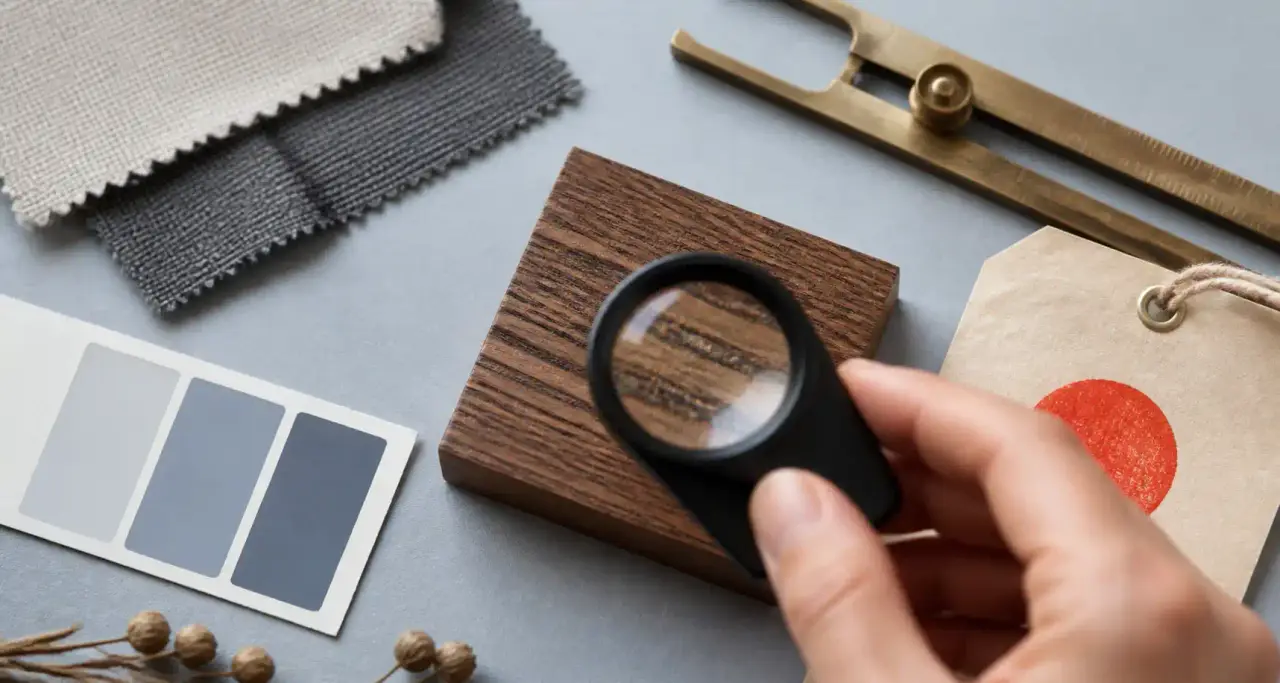 Inspection à la loupe d'un échantillon de bois et d'un nuancier, symbole de test et certification produits