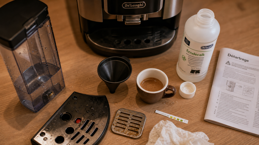 Nettoyage machine à café De’Longhi : détartrage et entretien, réservoir et bac d’égouttage