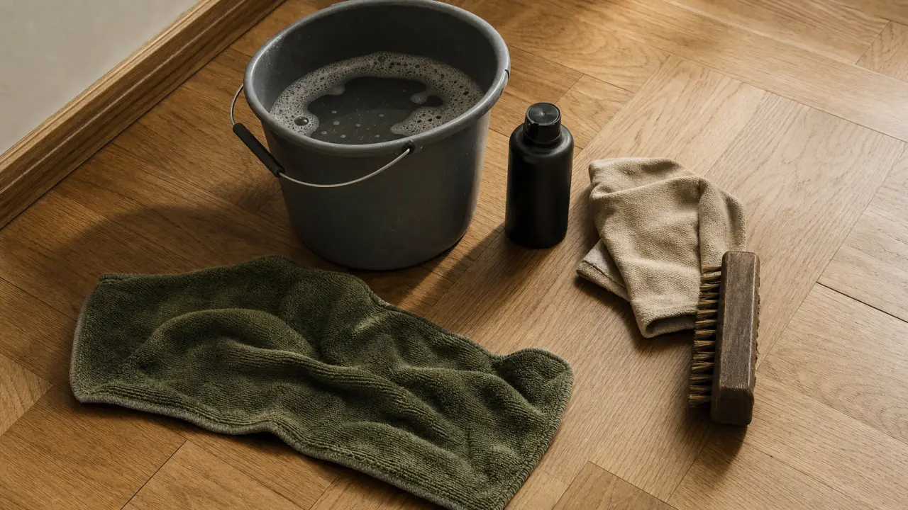 Parquet savon noir : serpillière et eau tiède dosée