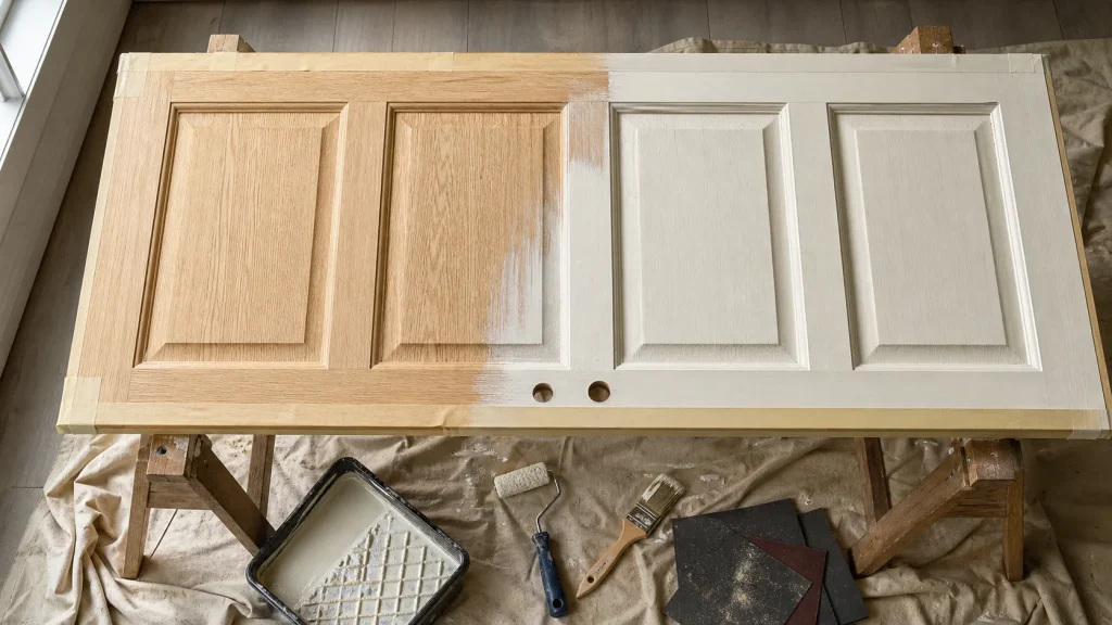 Peindre porte en bois : rouleau, bac et pinceau pour finitions sans traces