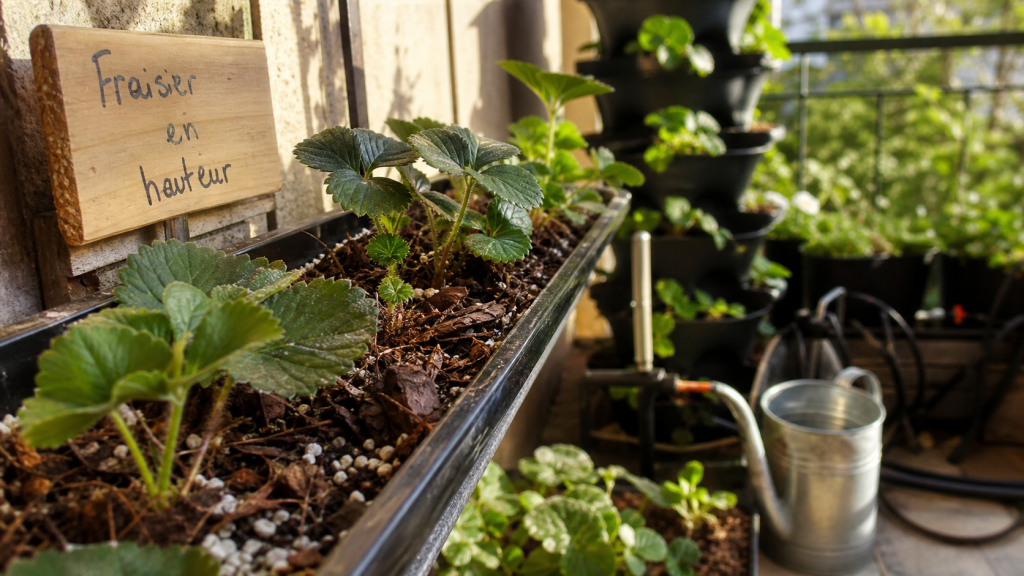 Plantation fraisier en hauteur sur balcon avec substrat et jeunes plants