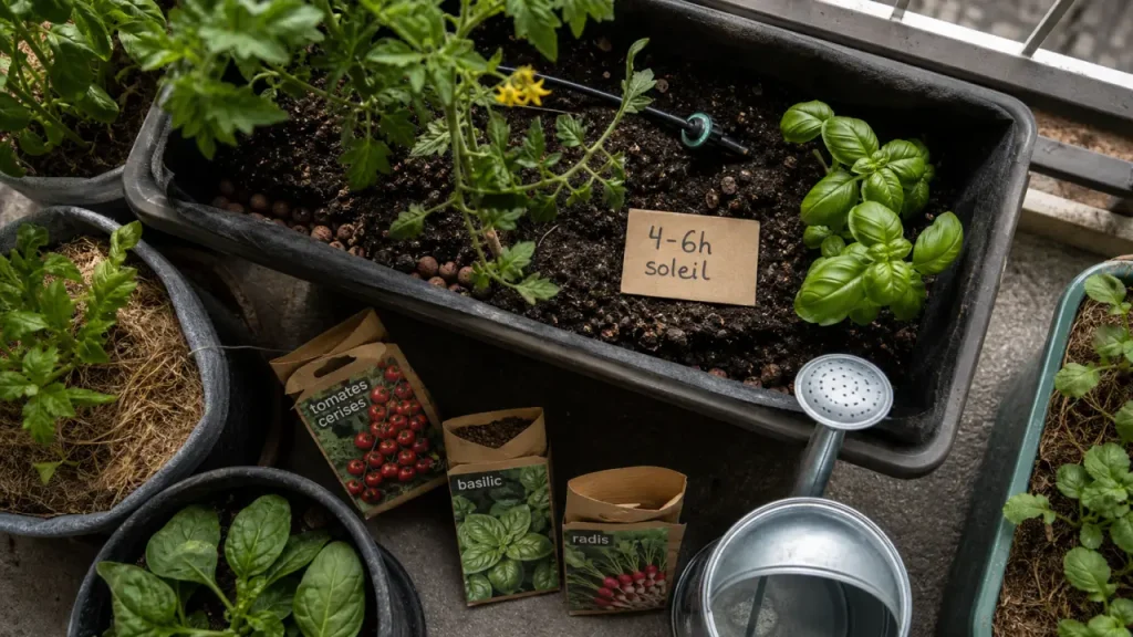 Potager sur balcon : bacs et terreau pour cultiver tomates, basilic et radis