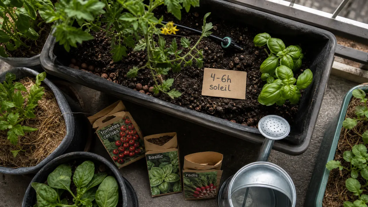 Potager sur balcon : bacs et terreau pour cultiver tomates, basilic et radis