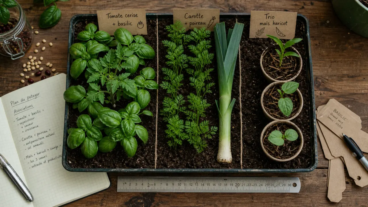 Association de plantes au potager : tomates, basilic, carottes et poireau