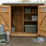 Cabane à outil de jardin en bois ouverte sur terrasse, outils organisés
