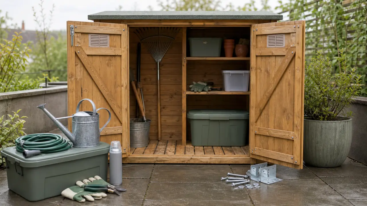 Cabane à outil de jardin en bois ouverte sur terrasse, outils organisés