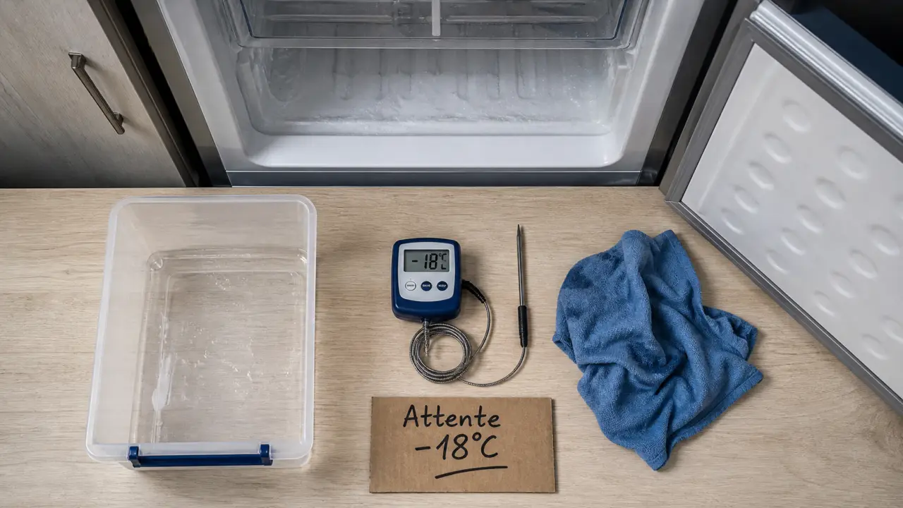 Combien de temps avant de remplir un congélateur après dégivrage : attendre 3 à 6 heures (thermomètre -18°C).