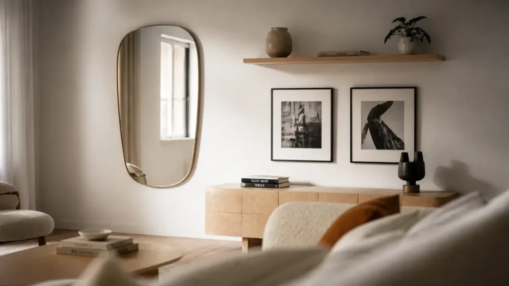 Décorer un mur blanc sans le surcharger : cadres, étagères et lumière bien dosés